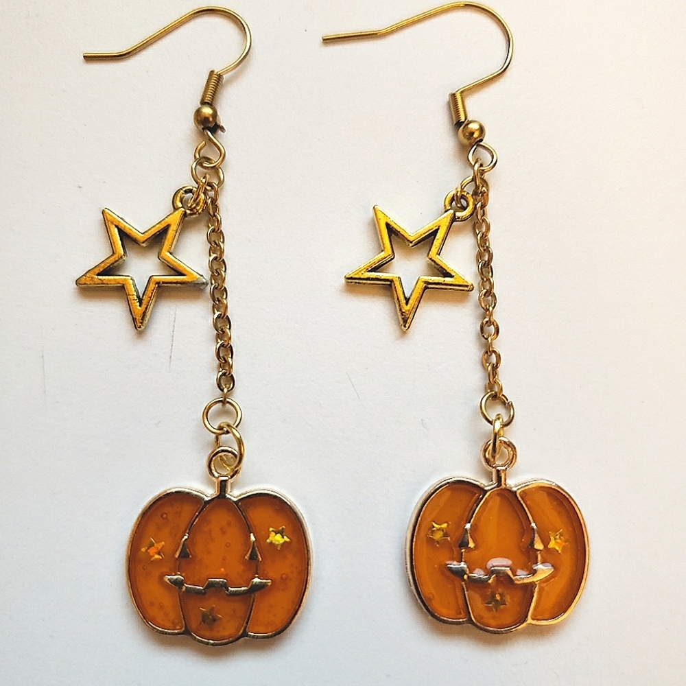 Handmade Halloween Orange Star Pumpkin Earrings